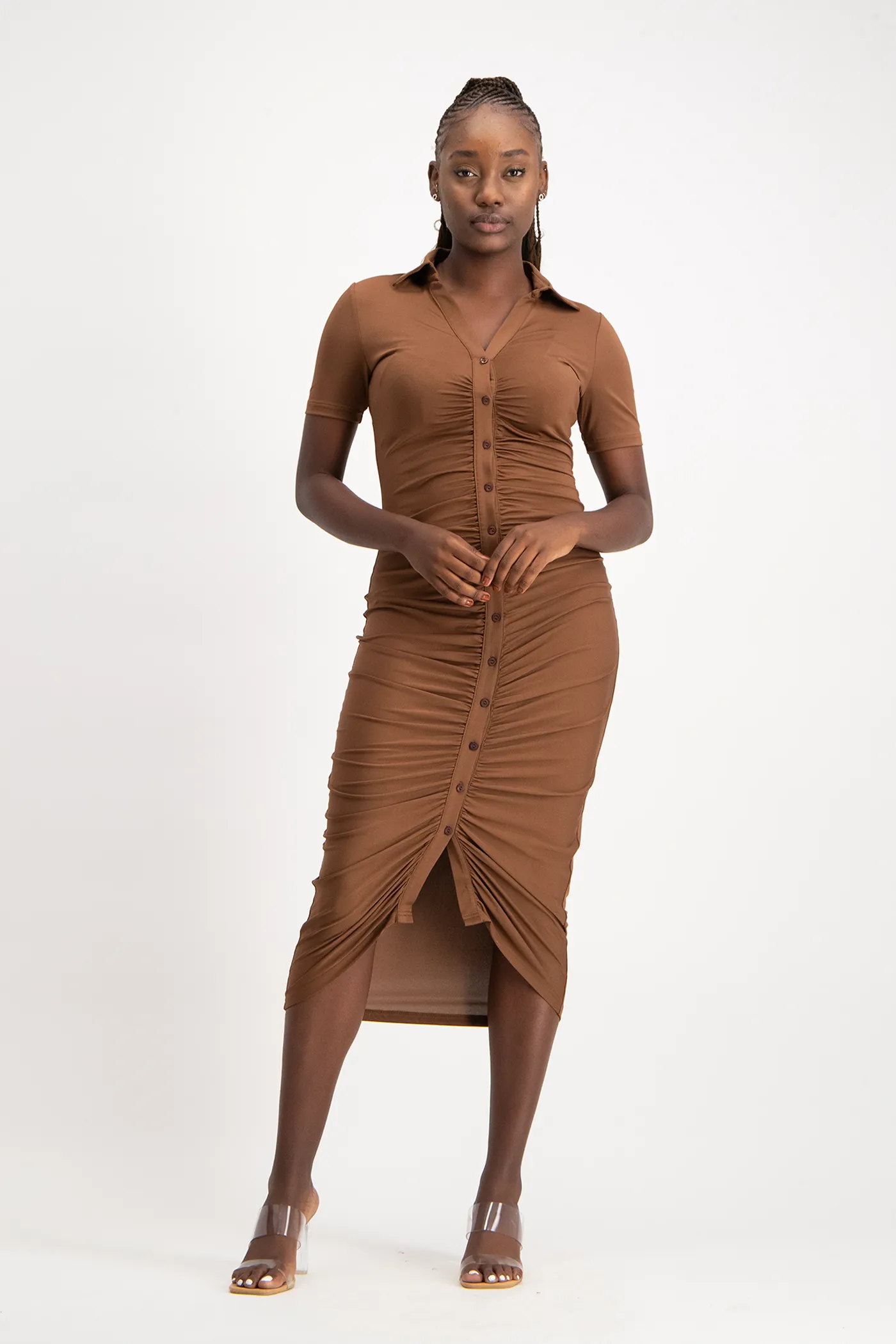 Bella Short Sleeve Ruched Midi Dress - Pinecone