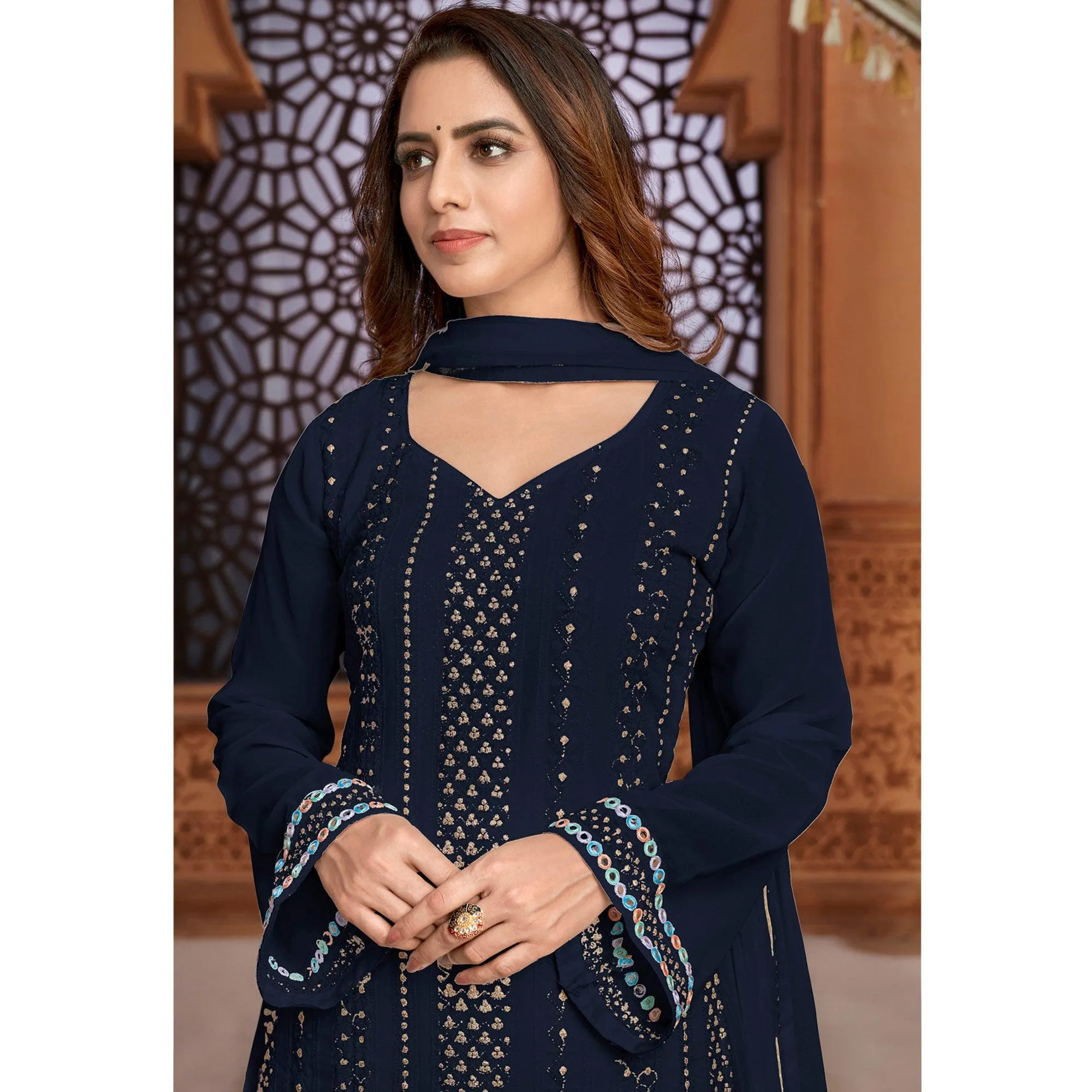 Blue Partywear Designer Embroidered Heavy Faux Georgette Palazzo Suit