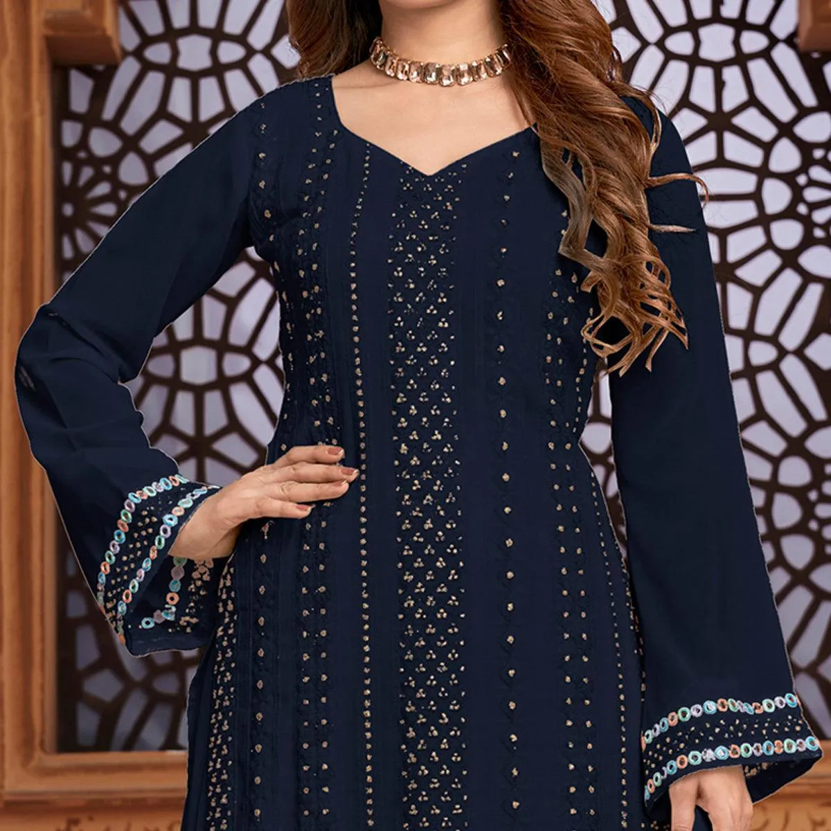 Blue Partywear Designer Embroidered Heavy Faux Georgette Palazzo Suit