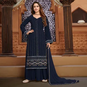 Blue Partywear Designer Embroidered Heavy Faux Georgette Palazzo Suit