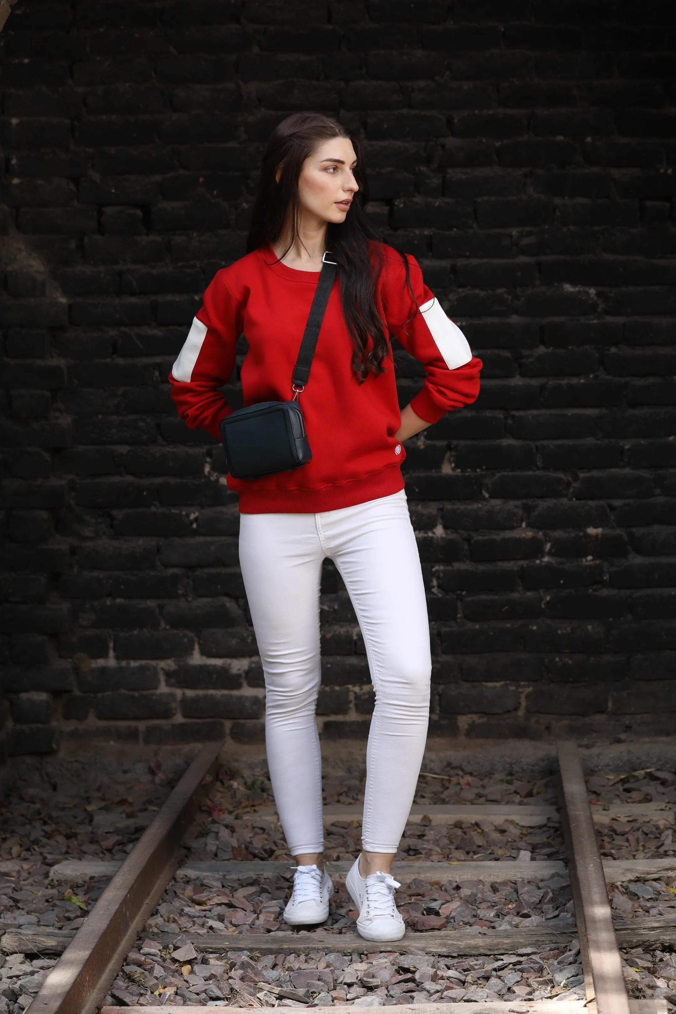 Bold Red Sleeve Patches Sweatshirt