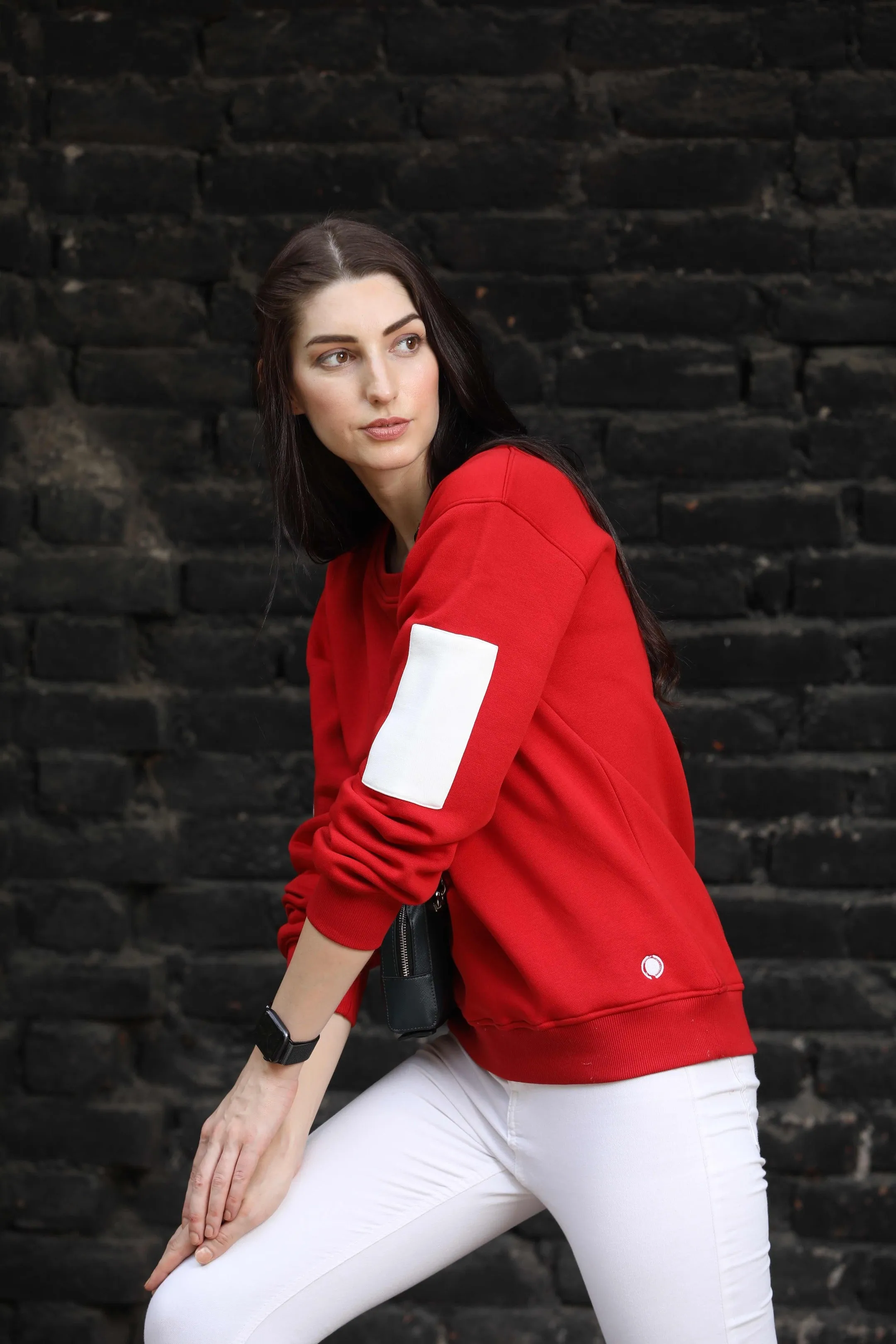 Bold Red Sleeve Patches Sweatshirt