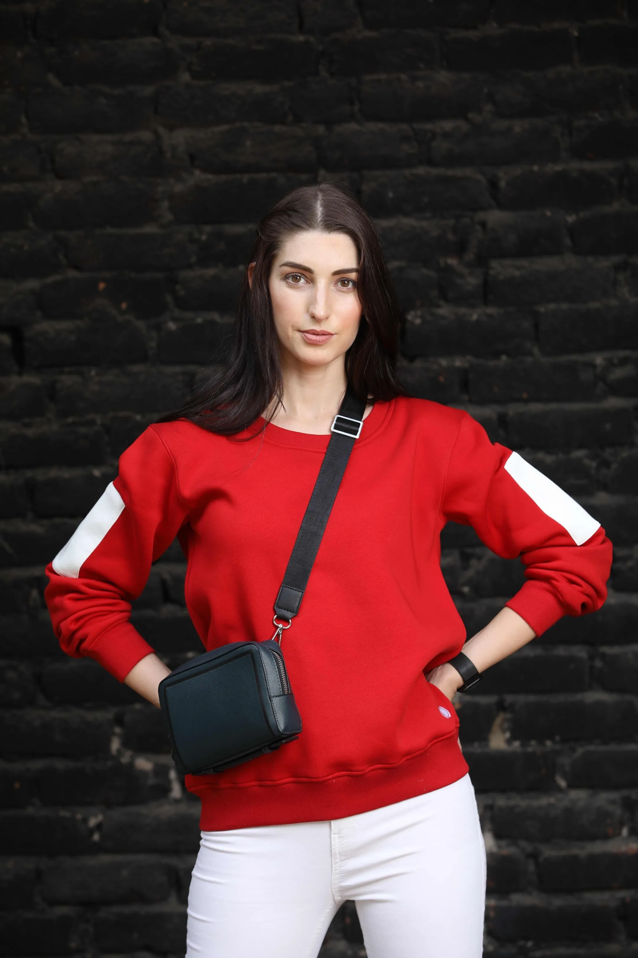 Bold Red Sleeve Patches Sweatshirt