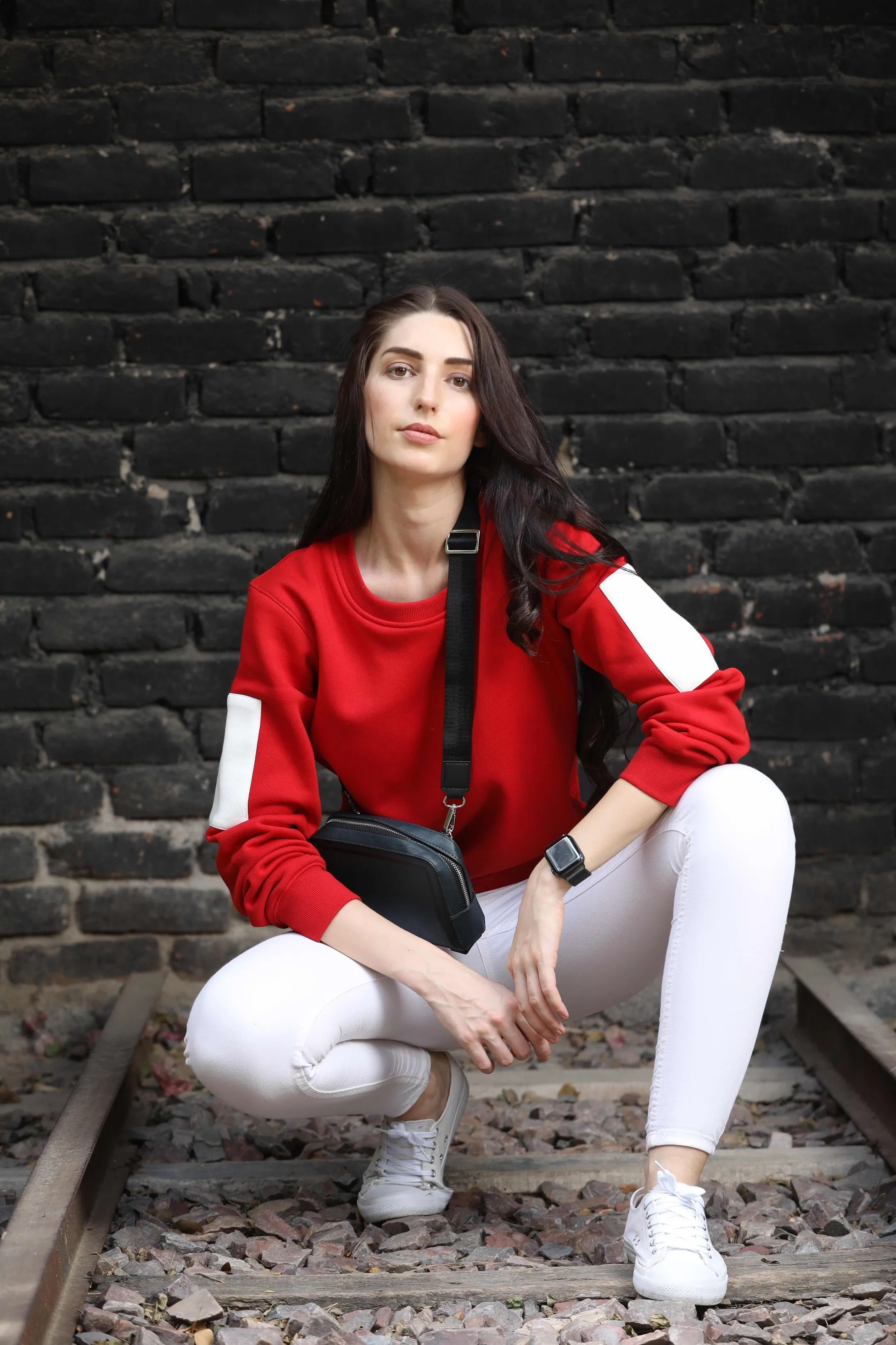 Bold Red Sleeve Patches Sweatshirt