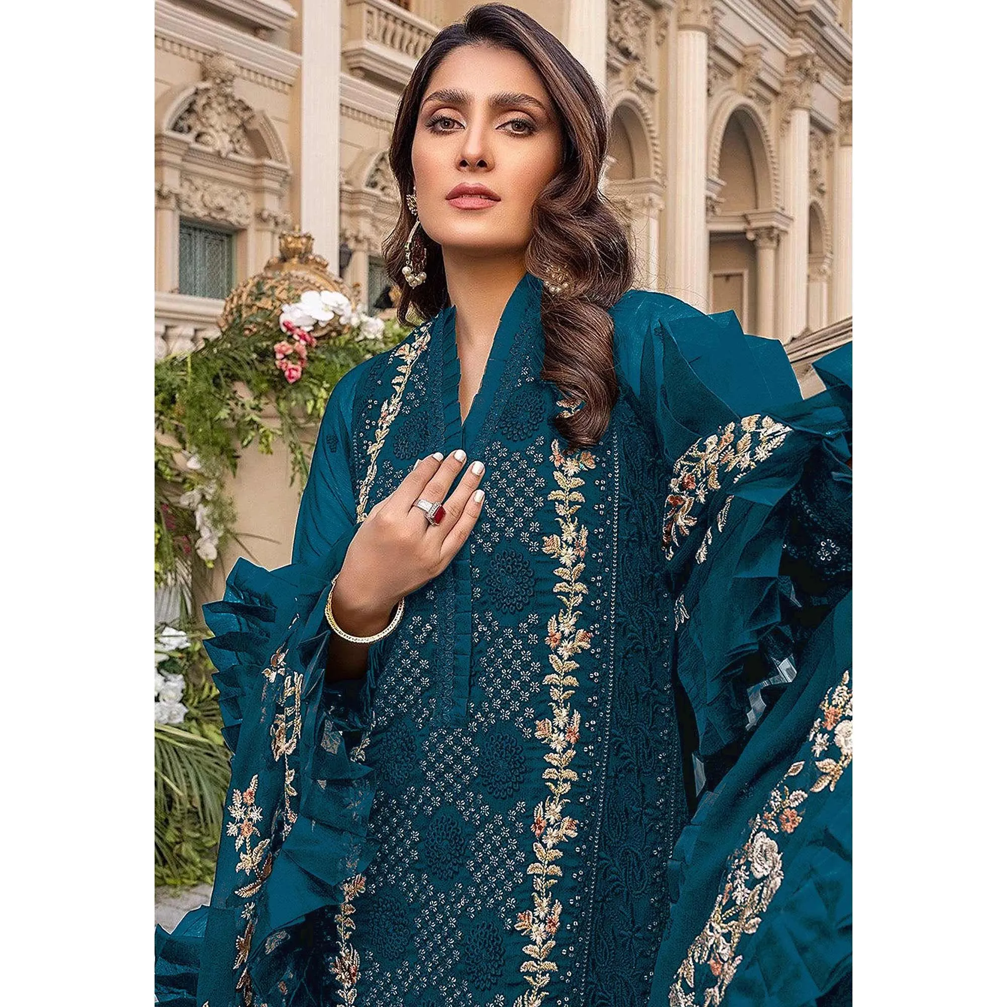 Bottle Blue Sequins With Floral Embroidered Georgette Pakistani Suit
