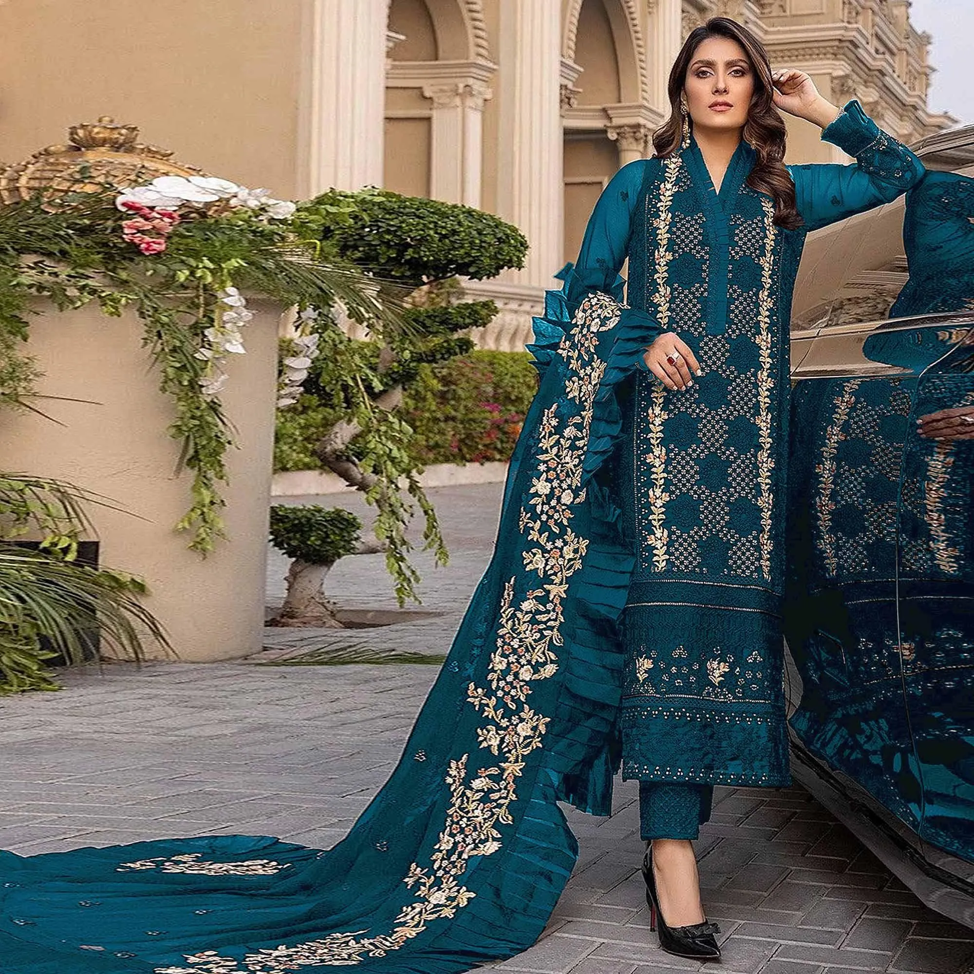 Bottle Blue Sequins With Floral Embroidered Georgette Pakistani Suit
