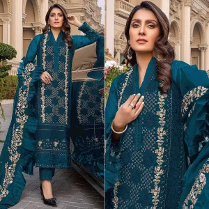 Bottle Blue Sequins With Floral Embroidered Georgette Pakistani Suit