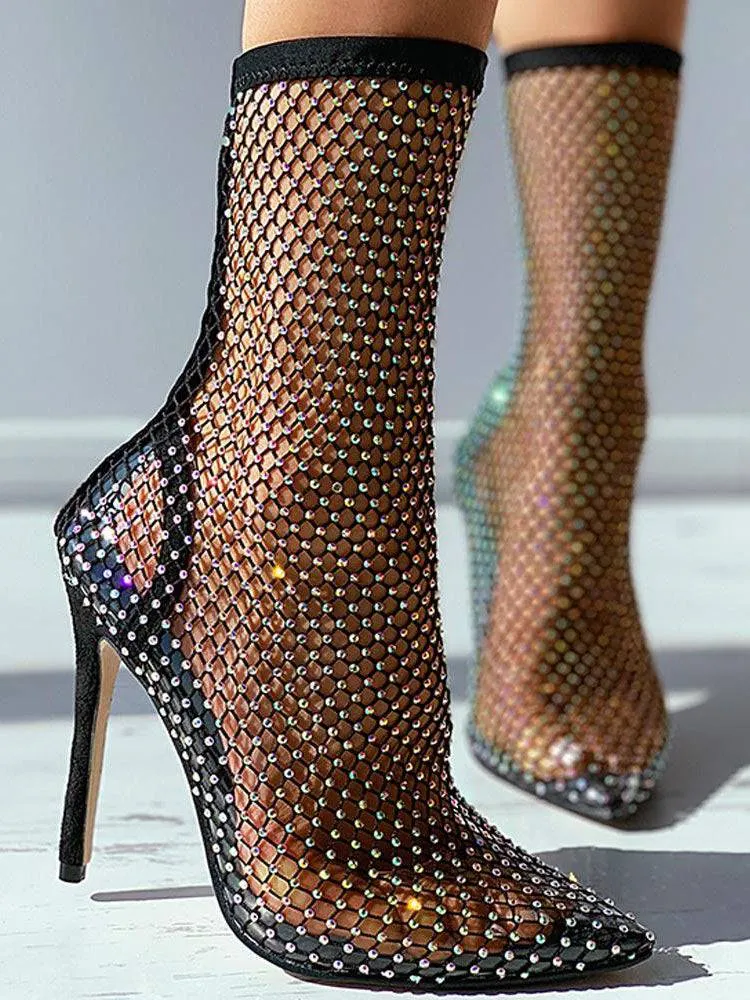 Fishnet Mesh Rhinestone Stiletto Heel Boots