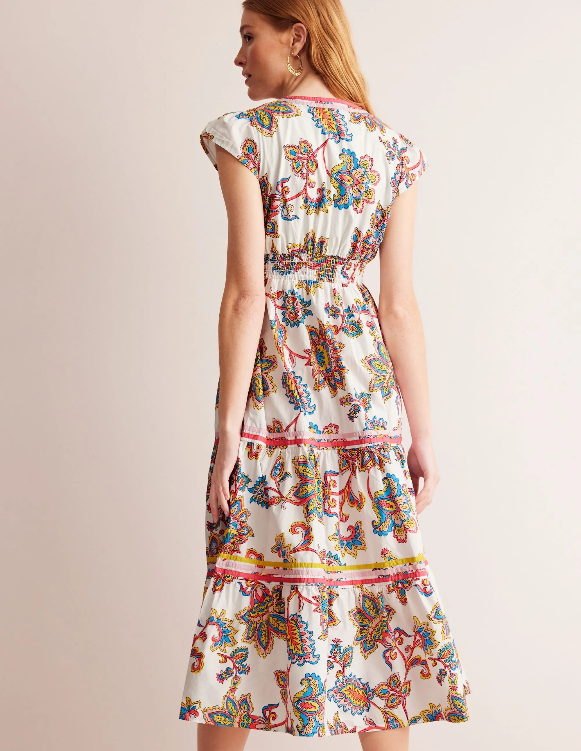 May Cotton Midi Tea Dress-Ivory, Dahlia Bloom