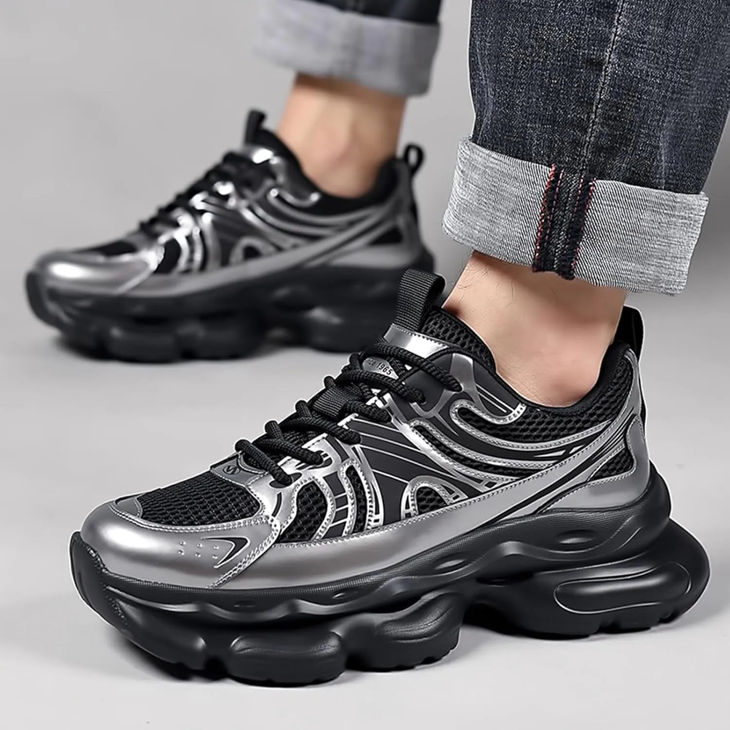 Men's Fashion Breathable Mesh Platform Chunky Lace-Up Sneakers Comfortable Non Slip Soft Sole Walking Dad Sneakers Workout Sport Work Tennis Shoes