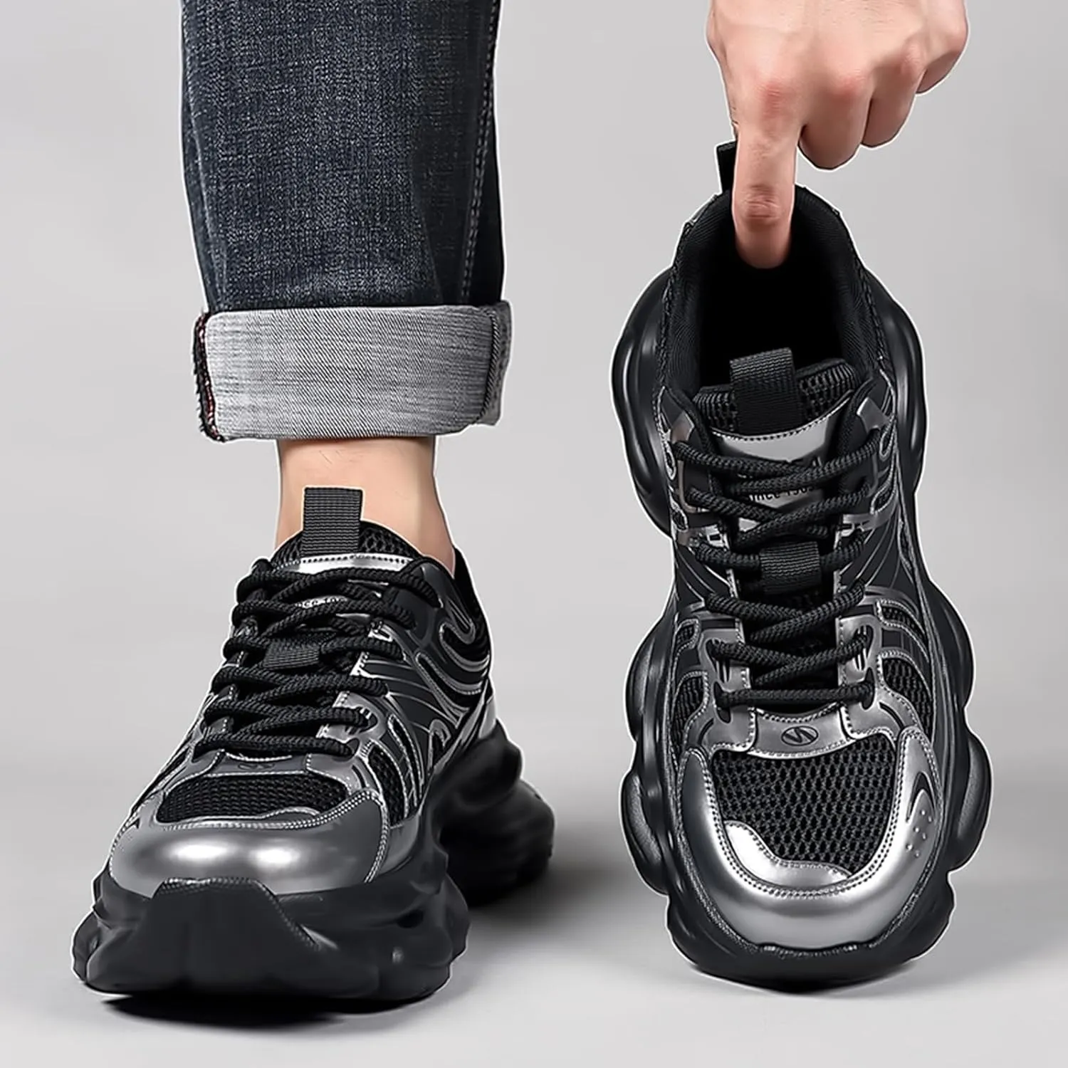 Men's Fashion Breathable Mesh Platform Chunky Lace-Up Sneakers Comfortable Non Slip Soft Sole Walking Dad Sneakers Workout Sport Work Tennis Shoes