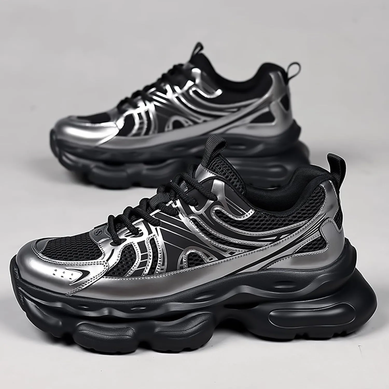 Men's Fashion Breathable Mesh Platform Chunky Lace-Up Sneakers Comfortable Non Slip Soft Sole Walking Dad Sneakers Workout Sport Work Tennis Shoes