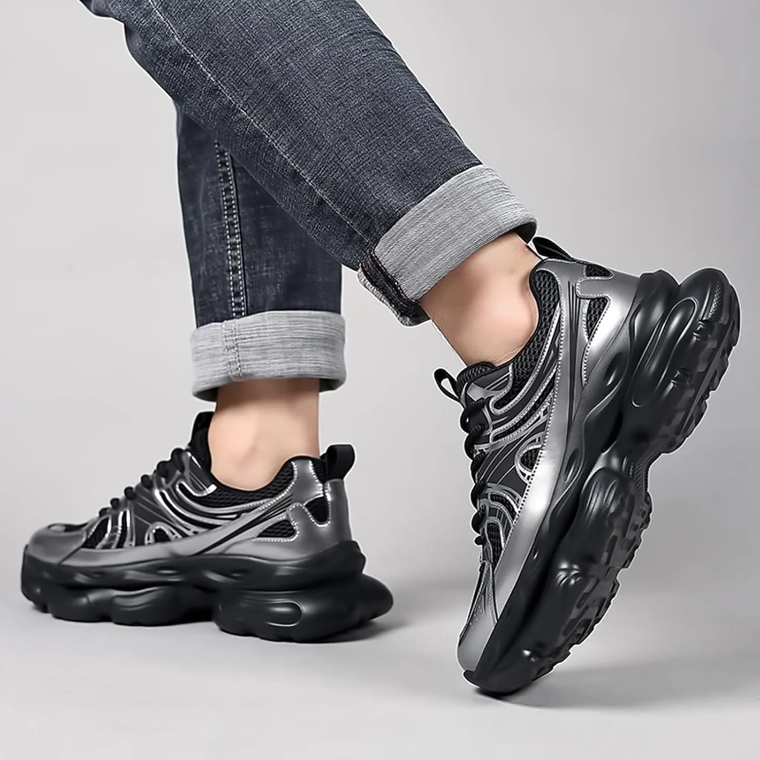 Men's Fashion Breathable Mesh Platform Chunky Lace-Up Sneakers Comfortable Non Slip Soft Sole Walking Dad Sneakers Workout Sport Work Tennis Shoes