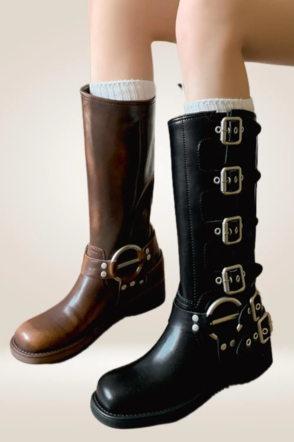 Mid Calf Black Buckle Boots