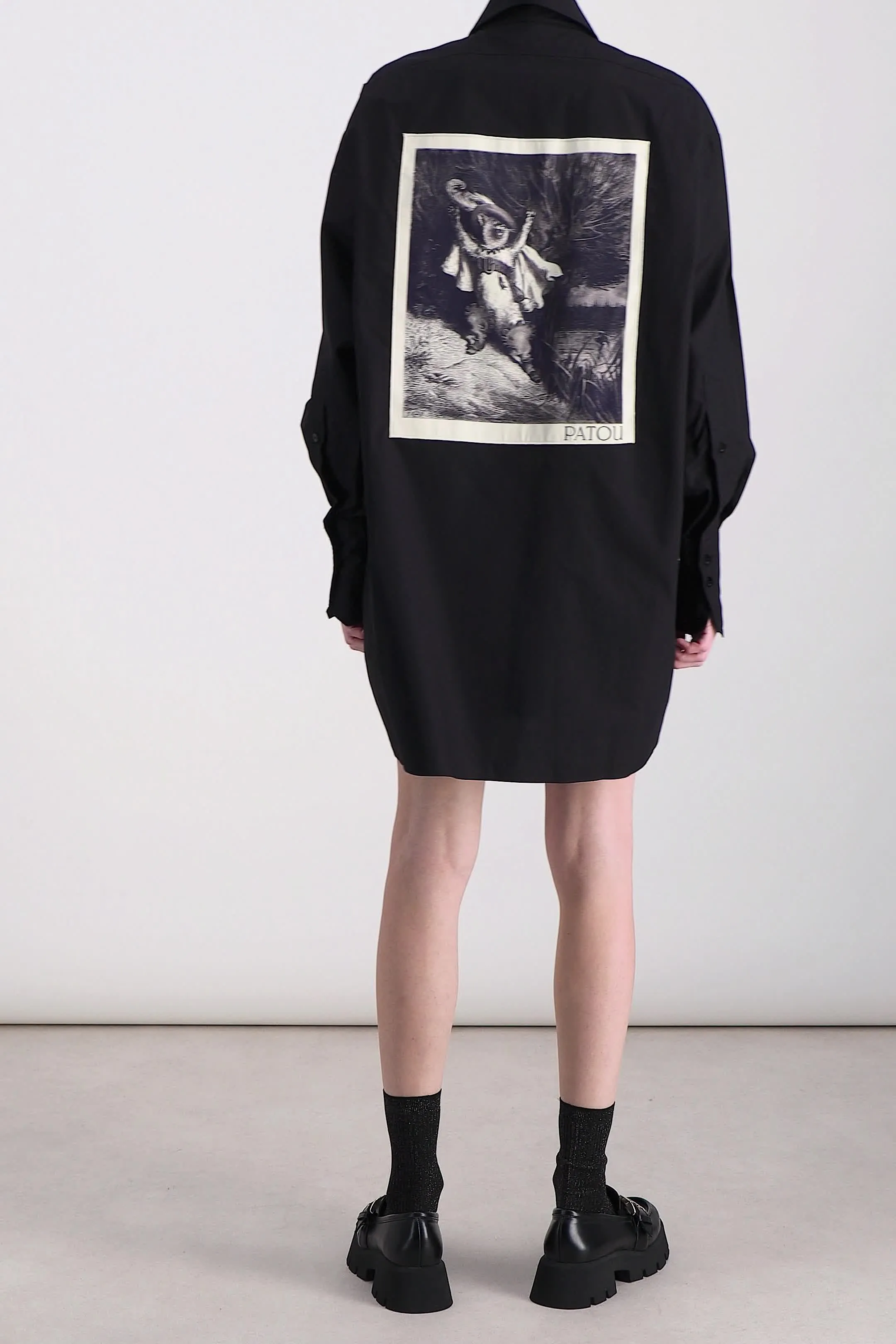 Organic cotton popline oversized black shirt mini-dress