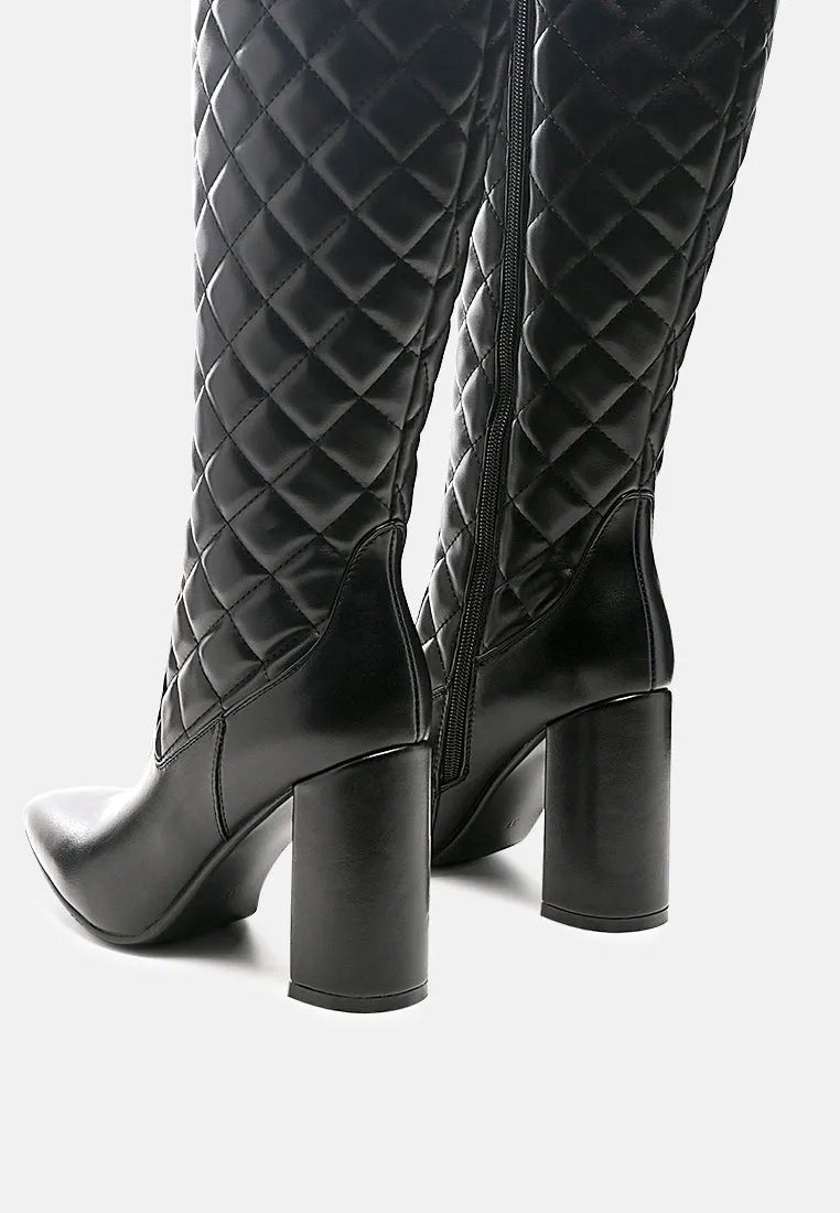 Quilt knee high block heeled boots