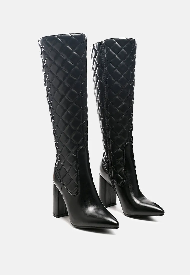 Quilt knee high block heeled boots
