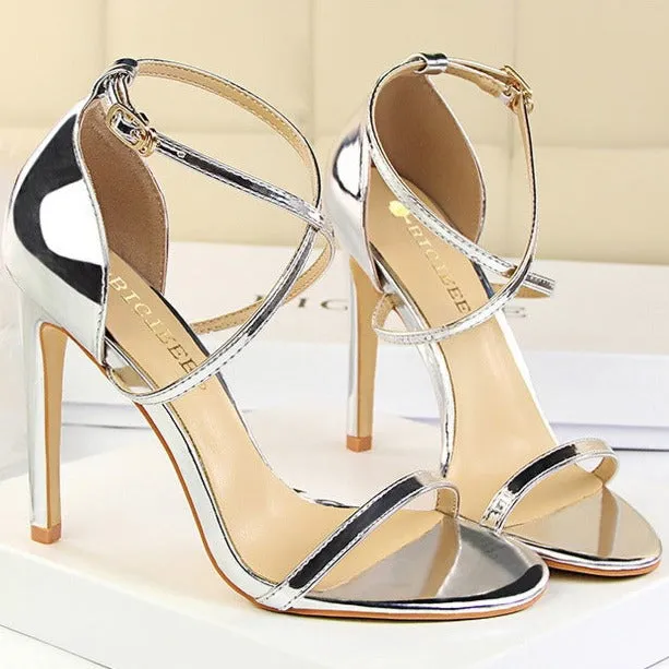 Sexy metal mirror peep toe high heels sandals