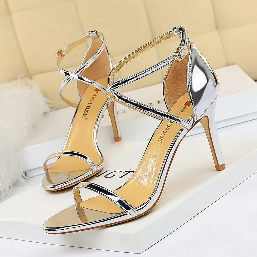 Sexy metal mirror peep toe high heels sandals