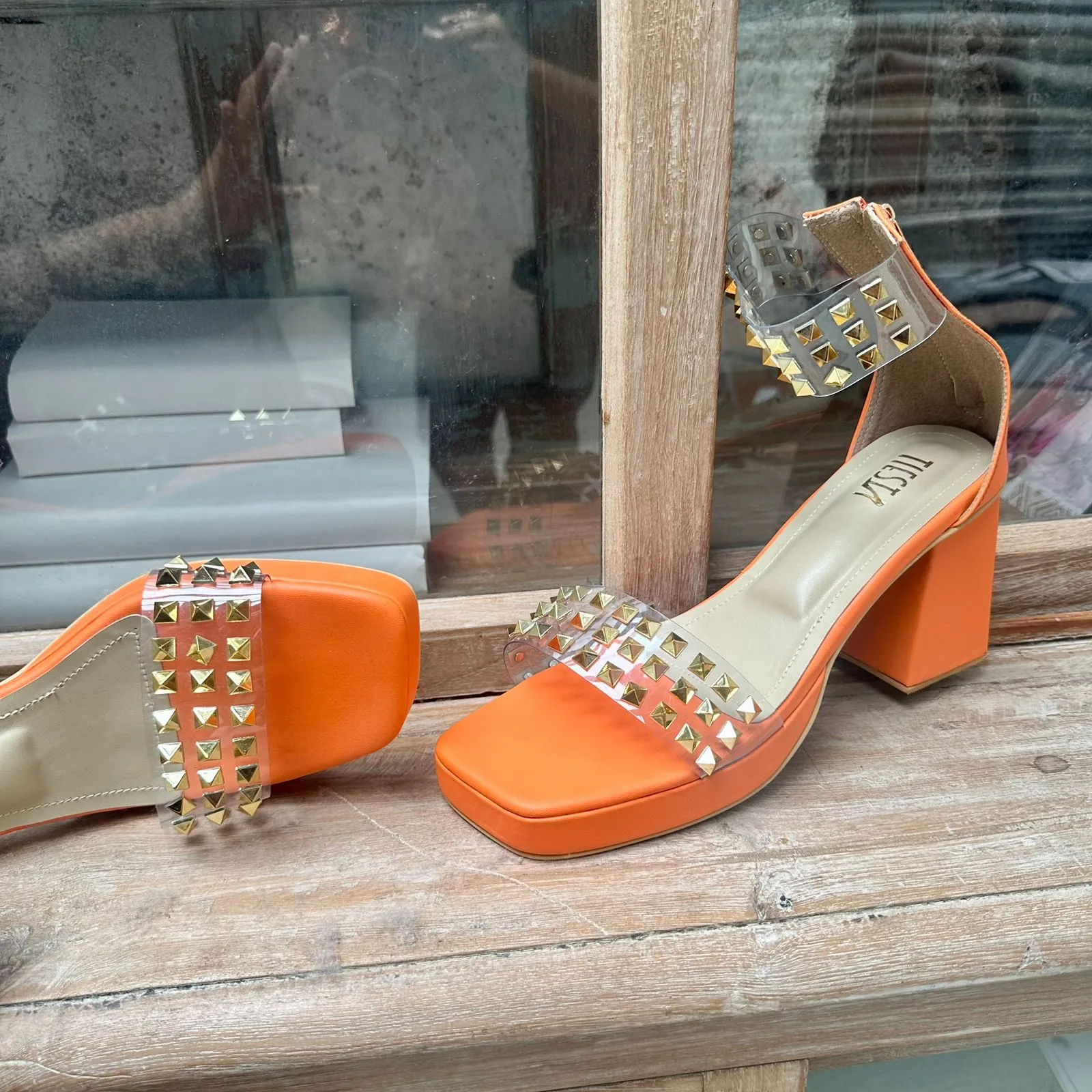 Stellar Orange Studded Block Heels