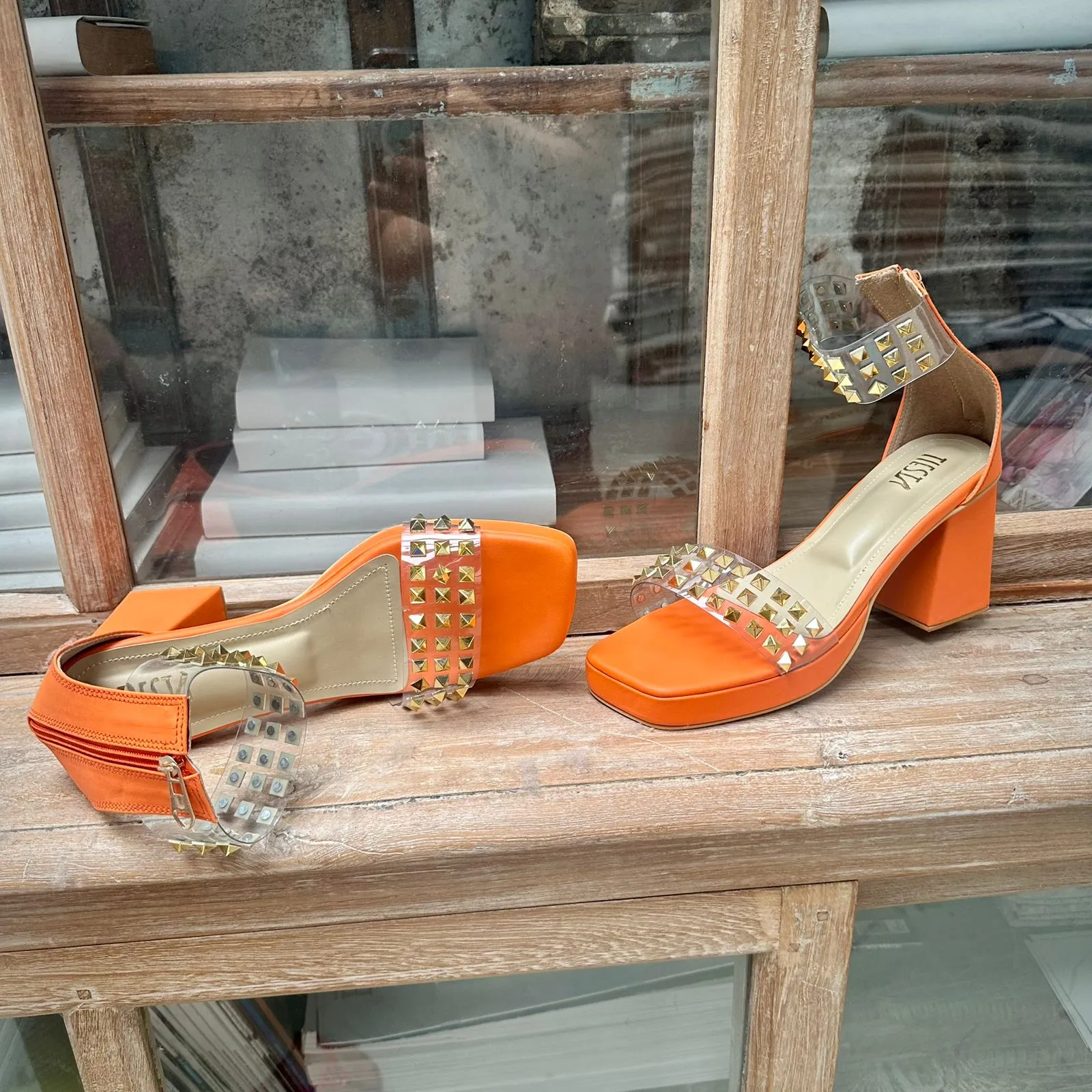 Stellar Orange Studded Block Heels
