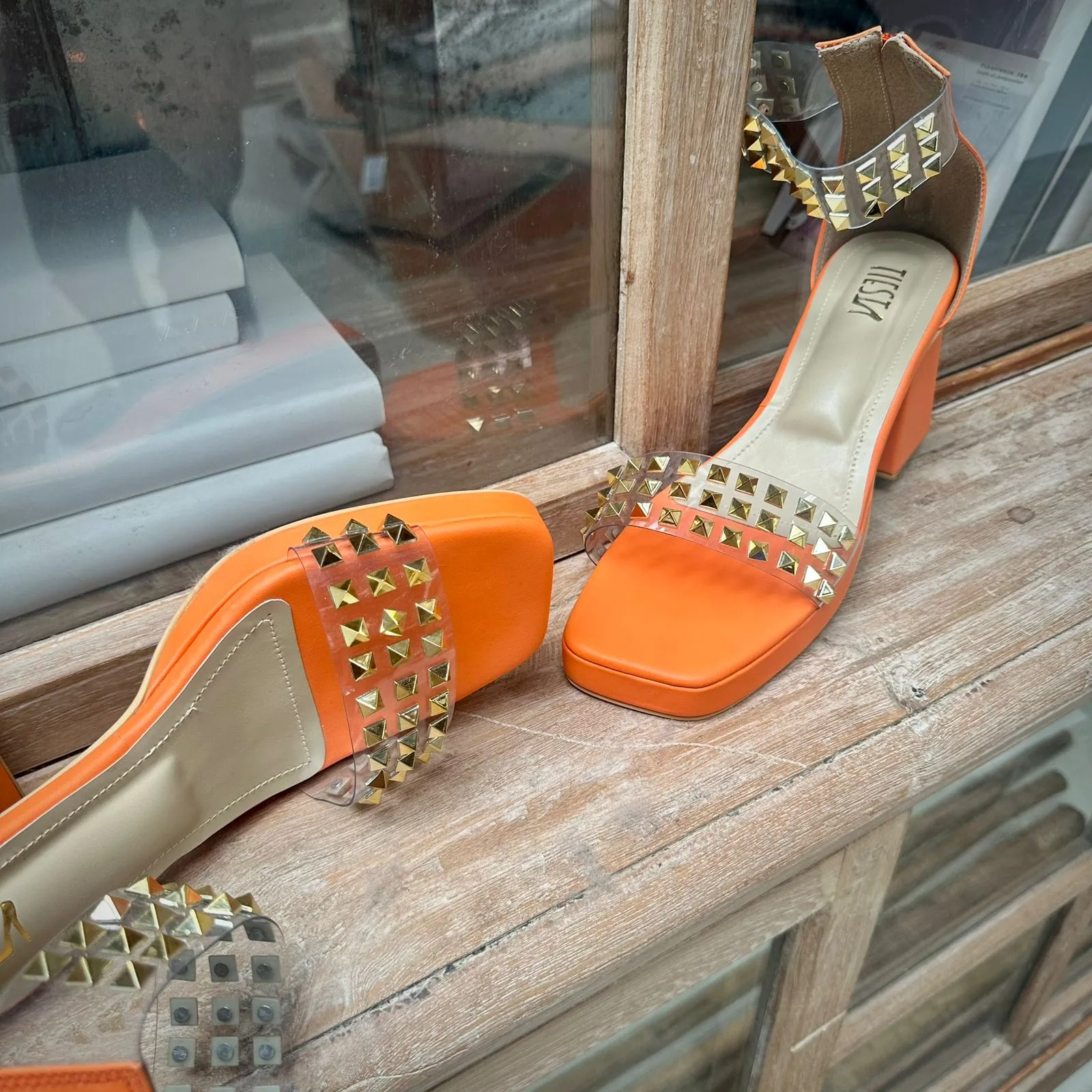 Stellar Orange Studded Block Heels