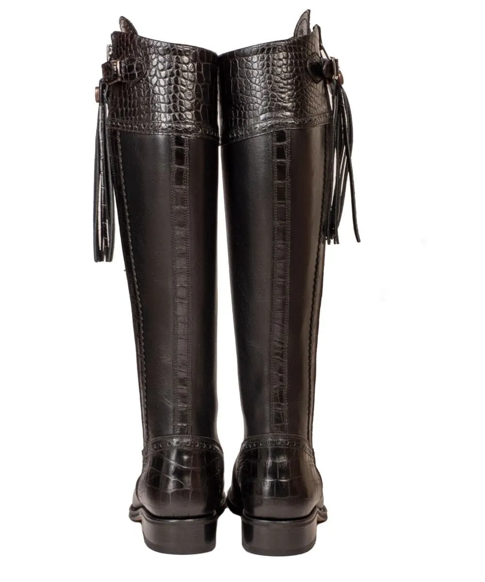 Tall Spanish Riding Boots Mock Croc Leather - Black