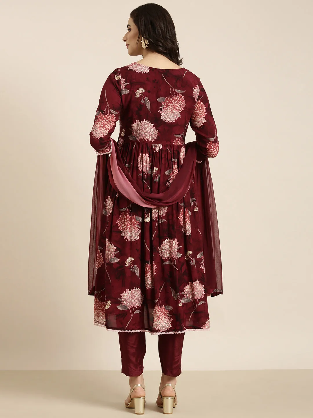 Women Anarkali Maroon Floral Kurta and Trousers Set Comes With Dupatta